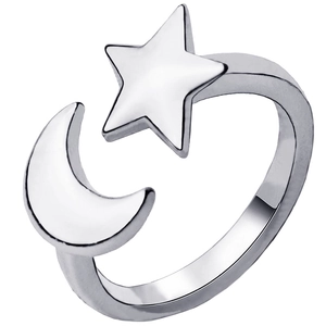 Polished silver star and moon adjustable open ring for women on a white background