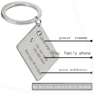 Detailed laser engraving on customized stainless steel square keychain tag with contact info