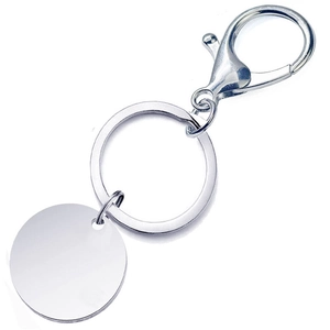 Detail of silver metal round keychain with lobster clasp for custom laser engraving