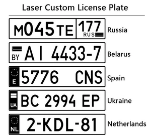 Custom engraved license plate keychains featuring multiple country templates and flags