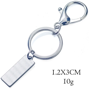 Detailed view of silver stainless steel keychain with rectangle tag, 1.2x3cm and 10g size