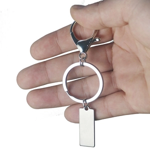 Handheld silver stainless steel key ring with rectangular blank plate and lobster clasp