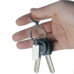 Custom engraved license plate keychain with rectangle tag and lobster clasp in hand