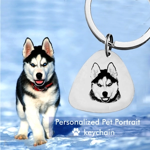 Porte-clés personnalisé en argent avec gravure de portrait de husky pour chiens et chats