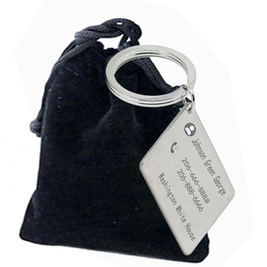 Custom engraved stainless steel rectangular keychain with personalized name and contact info