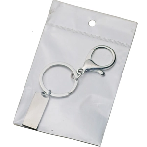 Silver metal rectangle anti-lost key tag with ring and lobster clasp in packaging