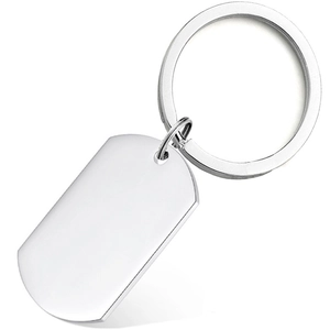 Polished silver stainless steel dog tag keychain with split ring for custom engraving