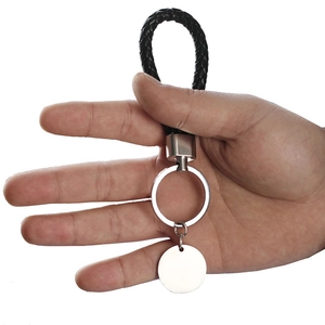 Personalized black braided leather keychain with round blank silver metal tag for DIY engraving