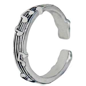 Adjustable silver musical note ring with staff line pattern for women, music theme jewelry