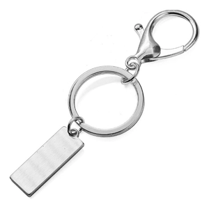 Polished stainless steel keychain with lobster clasp and blank rectangular tag on white background