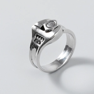 Detailed close-up of a silver wrench-shaped ring with realistic industrial screw threads