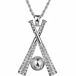 Collana hip hop con pendente a mazza da baseball argentata con strass lucidi da uomo