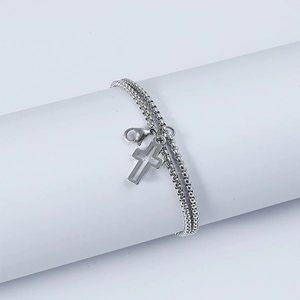 Mens stainless steel double rolo chain bracelet with a hollow cross charm and lobster clasp