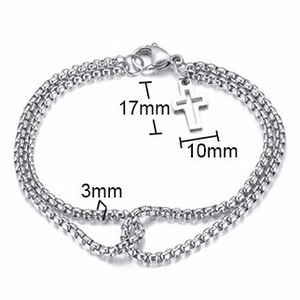 Macro detail of stainless steel cross pendant with precise 17x10mm dimensions on box chain