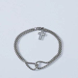 Silver stainless steel double layer box chain bracelet with hollow cross pendant
