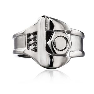 Punk style wrench and hex nut shaped stainless steel ring for men in silver finish
