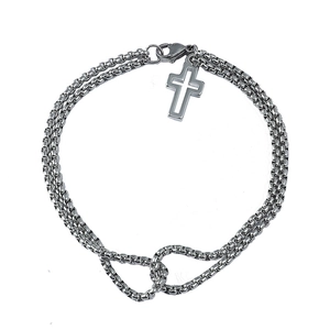 Men's double layer stainless steel rolo chain bracelet with a hollow cross pendant
