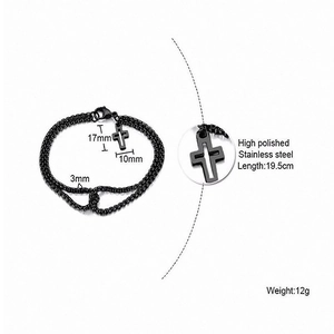 Detailed size specifications of black stainless steel cross bracelet with double link chain