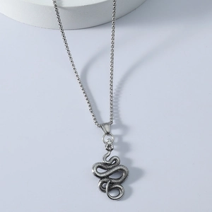 Titanium steel snake pendant necklace for men with vintage silver finish and scales