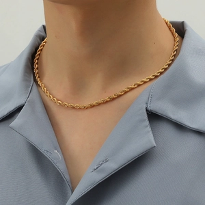 Classic gold plated rope chain necklace for men featuring a twist braid design and bright finish