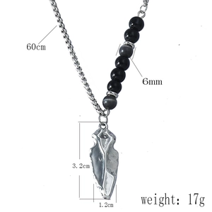 Detail of beaded box chain necklace with arrow pendant showing 60cm length and 6mm bead size