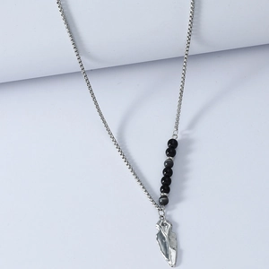 Vintage Titanium Steel Spearhead Pendant Necklace Men Beaded Chain Industrial Alloy Arrowhead Necklace Silver Black Grey Jewelry