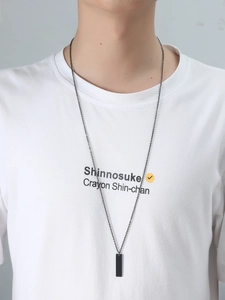 Minimalist black stainless steel long necklace with a vertical rectangular pendant for men