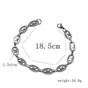 Spécifications du bracelet grain de café argenté montrant 18,5cm de long et 16,8g