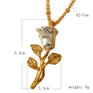 Detailed size view of two-tone rose pendant necklace with dimensions and 8g weight specs