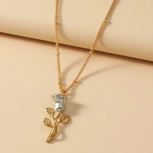 Two-tone rose flower pendant necklace with gold beaded chain for women fashion jewelry