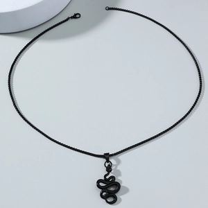 Close-up of minimalist black snake pendant with ball chain and lobster clasp