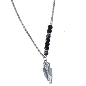 Men's punk style necklace with triangular arrow pendant and grey beaded chain details