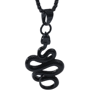 Macro shot of 3D black coiled snake pendant showing detailed scale texture on box chain