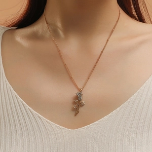 Elegant two-tone rose flower pendant necklace with gold beaded chain for women