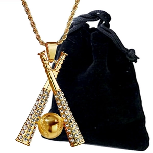 Collana hip hop mazza da baseball placcata oro con cristalli bianchi e catena a fune