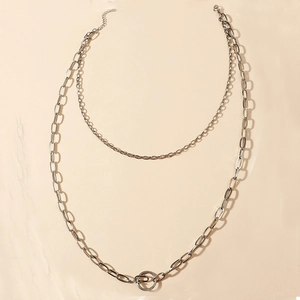 Double-layer silver stainless steel necklace with bohemian oval link chains and ring pendant