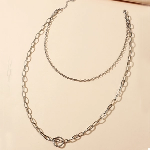 Bohemian double-layer stainless steel necklace with silver ring pendant and link chains