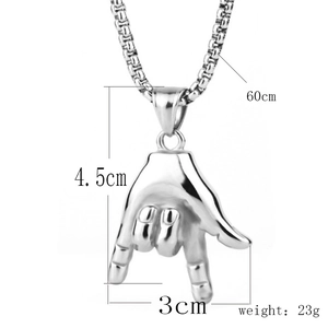 Hip hop love gesture pendant details with 60cm chain length and 4.5cm size info