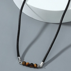 Natural Tiger Eye Stone Beads Necklace For Men Women Handmade Black Leather Braided Cord Stainless Steel Clasp Adjustable Chain Jewelry