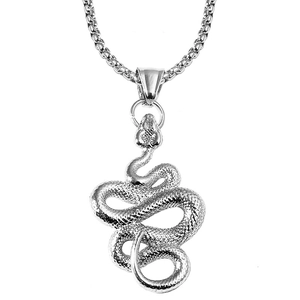 Mens 3D snake pendant necklace in silver box chain with realistic reptile scale texture