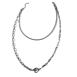 Double-layer stainless steel bohemian necklace with chunky oval links and circle pendant