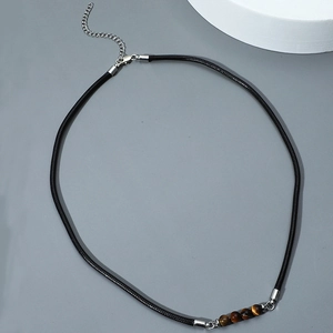 Men's leather cord necklace with yellow tiger eye stone beads and silver lobster clasp