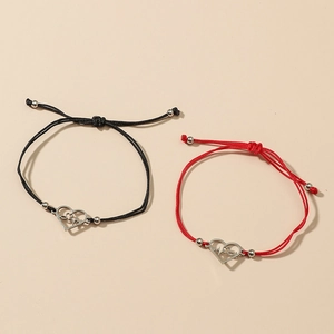 Bracelets de couple tressés ajustables avec pendentifs cœur ECG en noir et rouge