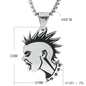 Detailed punk necklace size guide showing Mohawk pendant and 60cm square bone chain specs