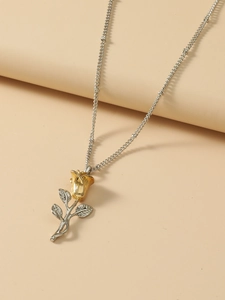 Elegant two-tone rose flower pendant necklace in gold and silver finish with fine texture