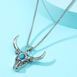 Retro Alloy Bull Head Pendant Necklace With Turquoise Inlaid Vintage Western Cowboy Punk Style Jewelry For Men Women Gift