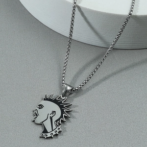 Punk Mohawk Head Silhouette Pendant Necklace For Men Women Stainless Steel Box Chain Hip Hop Streetwear Enamel Jewelry Gift