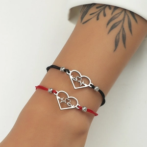 Bracelets tressés réglables pour couples avec charmes battement de coeur en noir et rouge