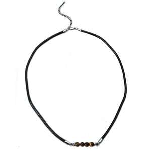 Men's leather cord necklace with yellow tiger eye beads and stainless steel clasp