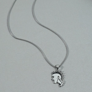 Punk style silver titanium steel necklace featuring a bold mohawk head pendant on fox chain